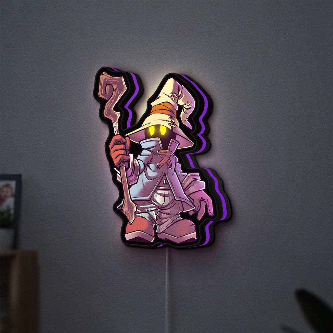 Final Fantasy Black Mage Retro RPG LED lightbox hanging on a wall with purple glow