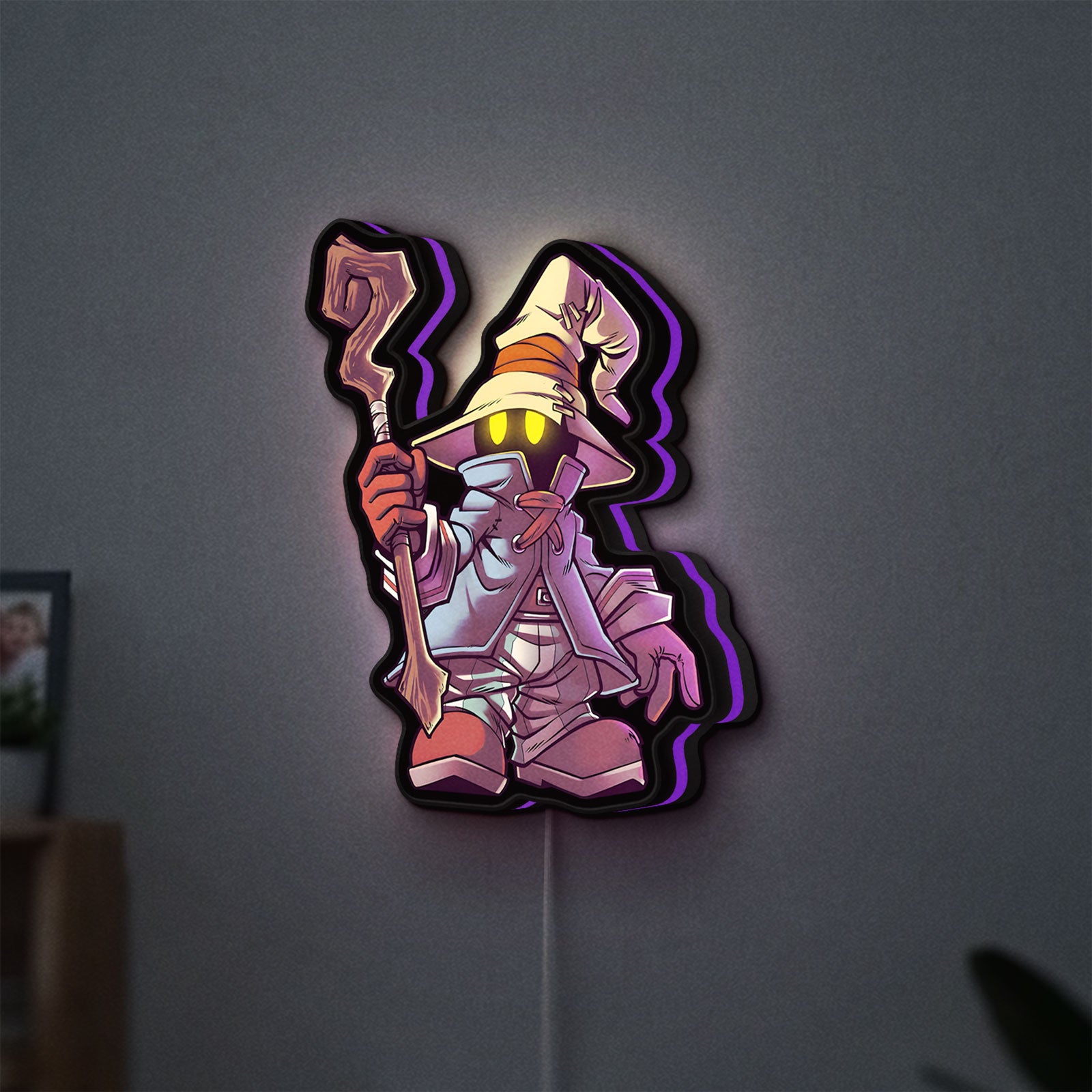 Final Fantasy Black Mage Retro RPG LED lightbox hanging on a wall with purple glow