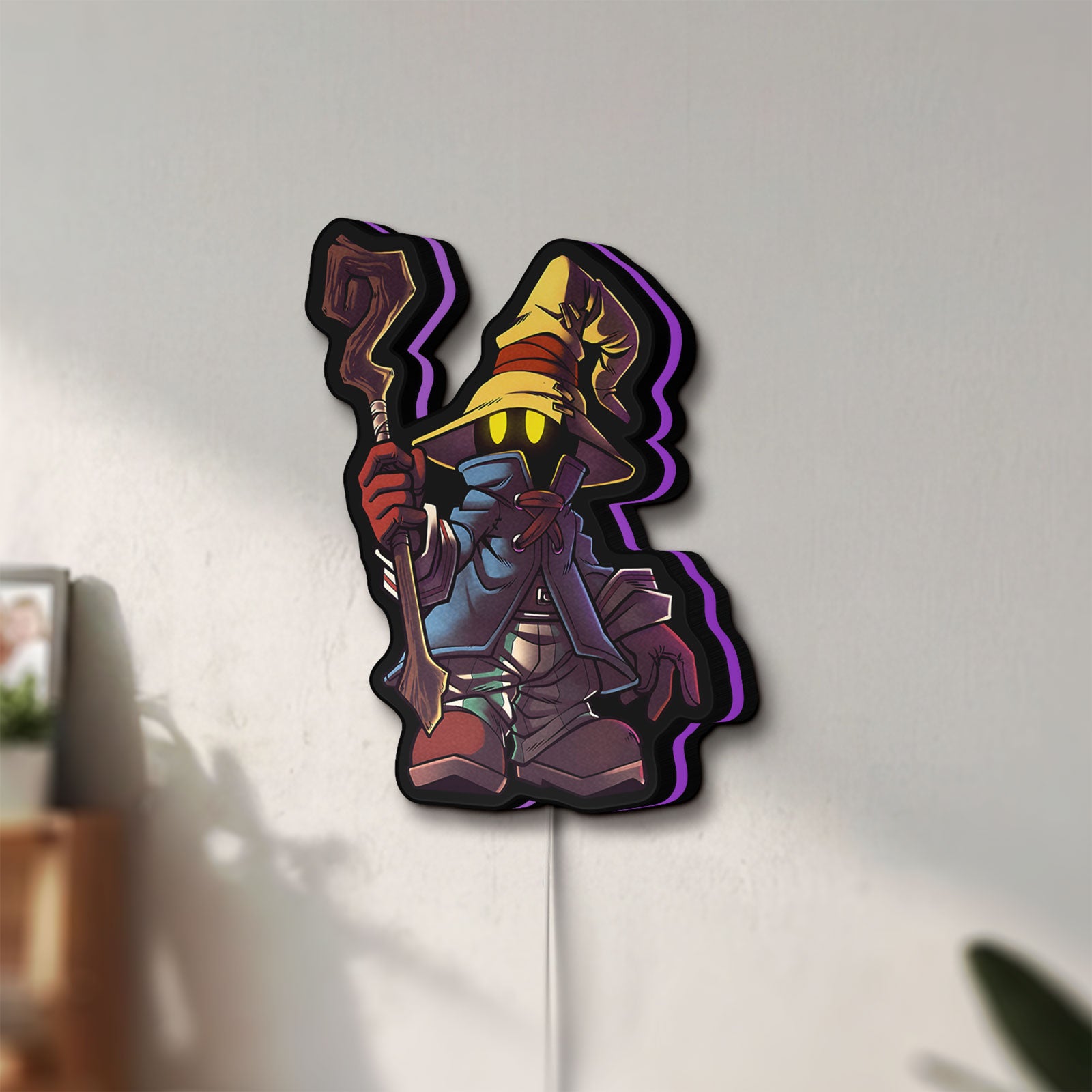 Unlit Final Fantasy Black Mage Retro RPG LED lightbox mounted on a wall in daylight