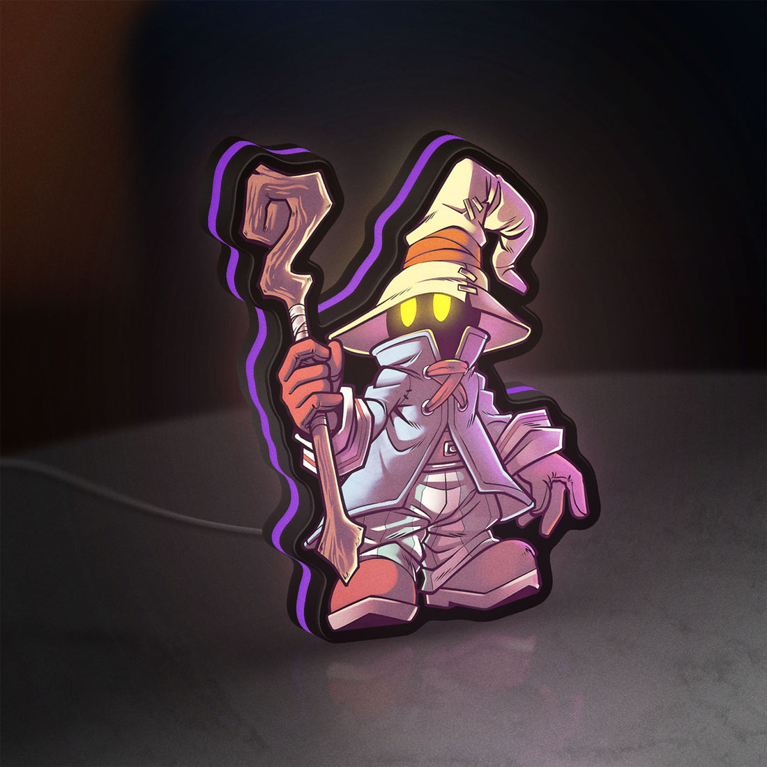 Final Fantasy Black Mage Retro RPG LED lightbox hanging on a wall with purple glow