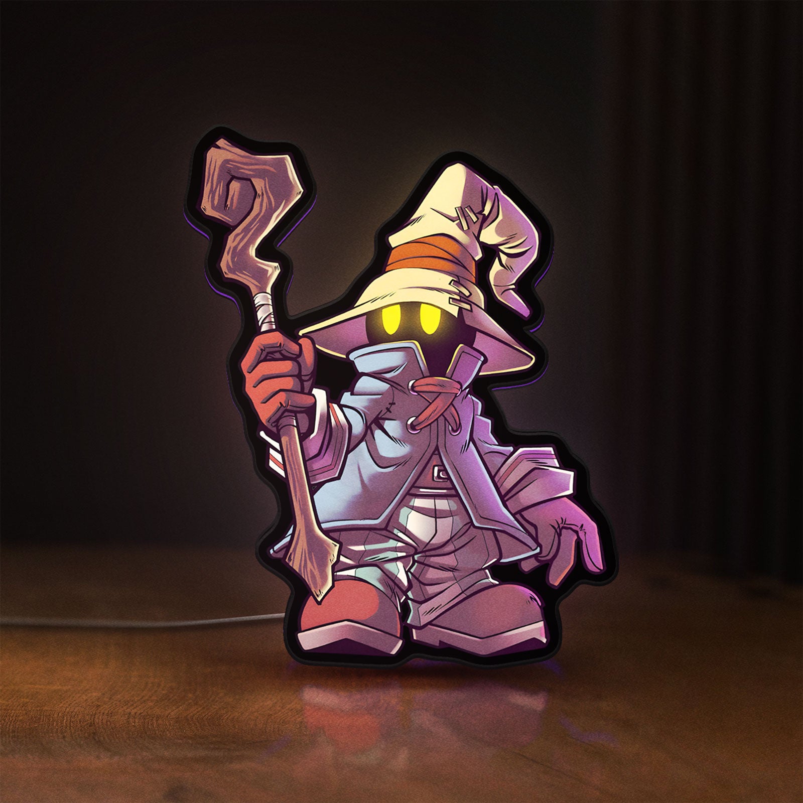 Front view of Final Fantasy Black Mage Retro RPG LED lightbox sign glowing on a wooden desk