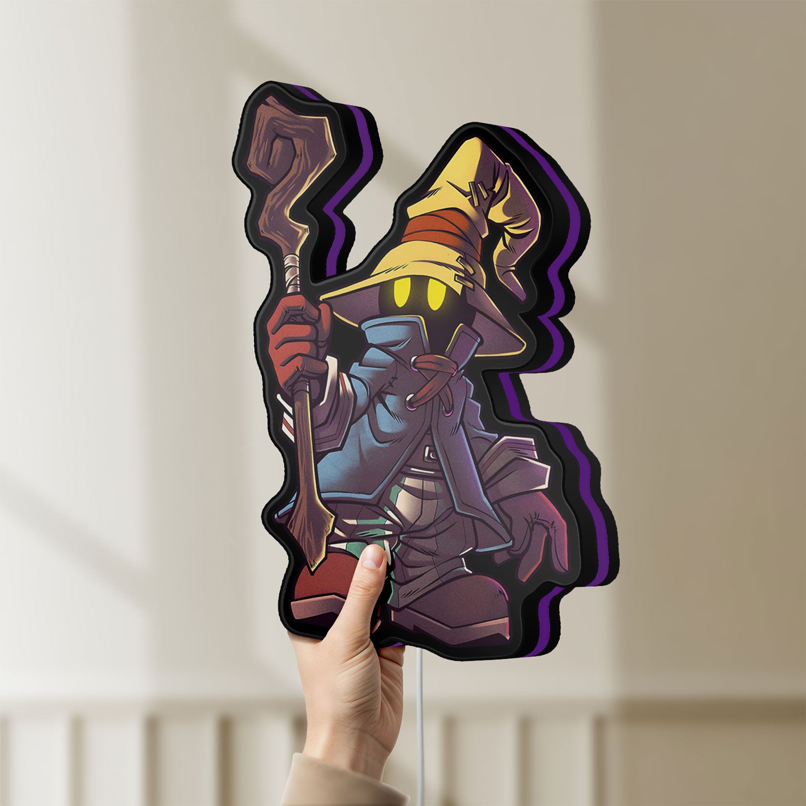 Unlit Final Fantasy Black Mage Retro RPG LED lightbox held by hand to show size and details