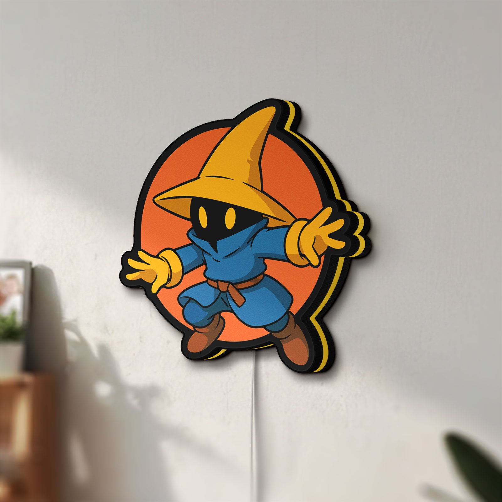 Unlit Final Fantasy Black Mage Retro RPG LED lightbox mounted on a wall in daylight