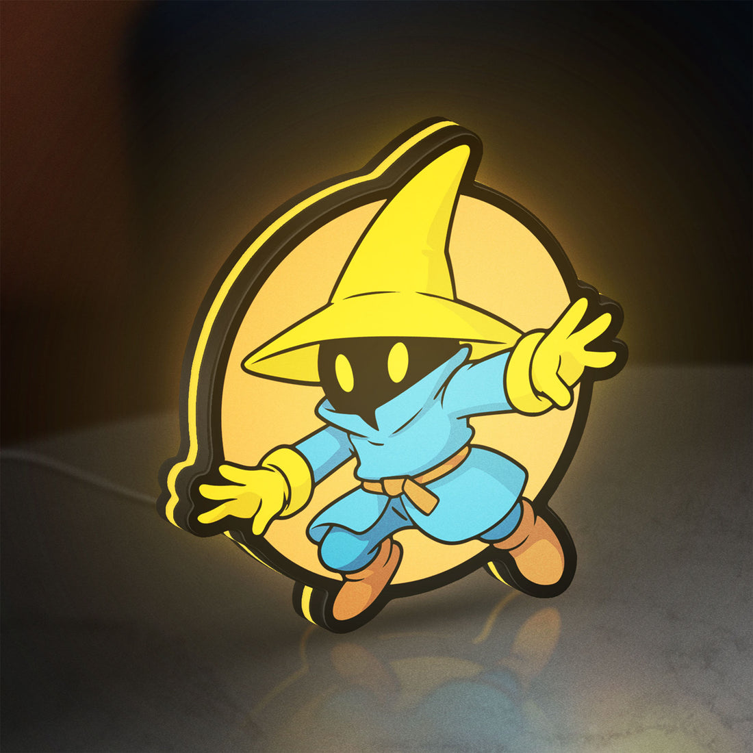 Final Fantasy Black Mage Retro RPG LED lightbox hanging on a wall with yellow glow