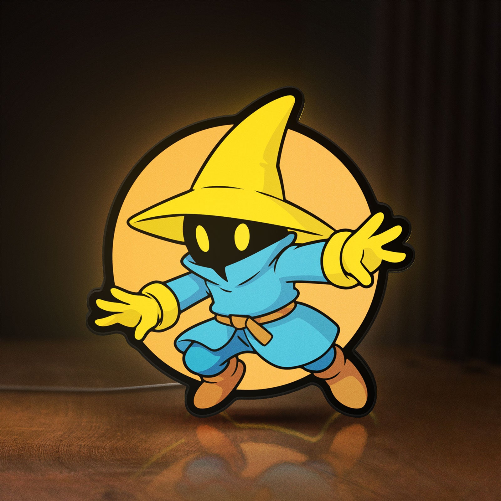 Front view of Final Fantasy Black Mage Retro RPG LED lightbox sign glowing on a wooden desk