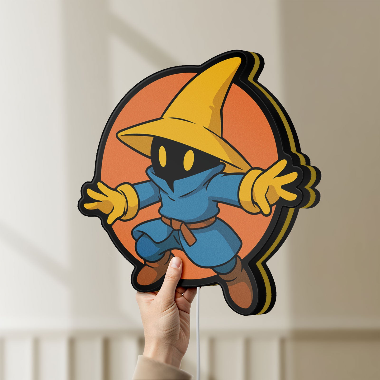Unlit Final Fantasy Black Mage Retro RPG LED lightbox held by hand to show size and details