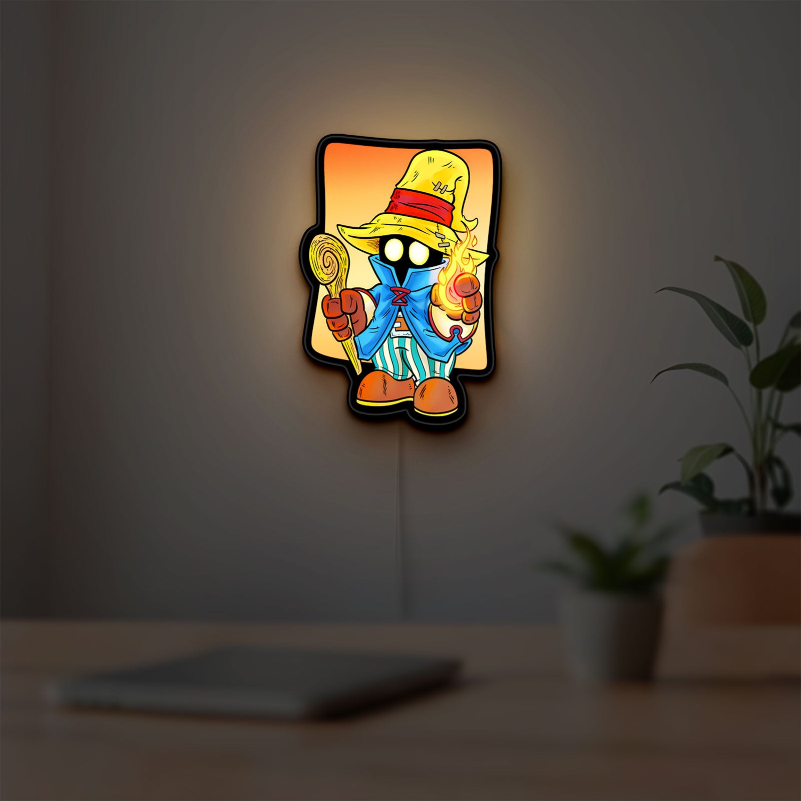 Final Fantasy Black Mage Retro RPG LED lightbox hanging on a room wall with soft yellow light