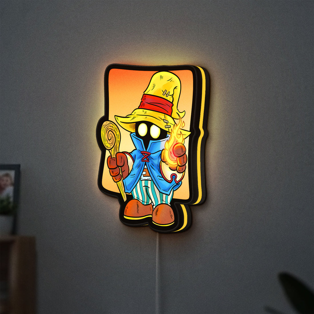 Final Fantasy Black Mage Retro RPG LED lightbox hanging on a wall with yellow glow