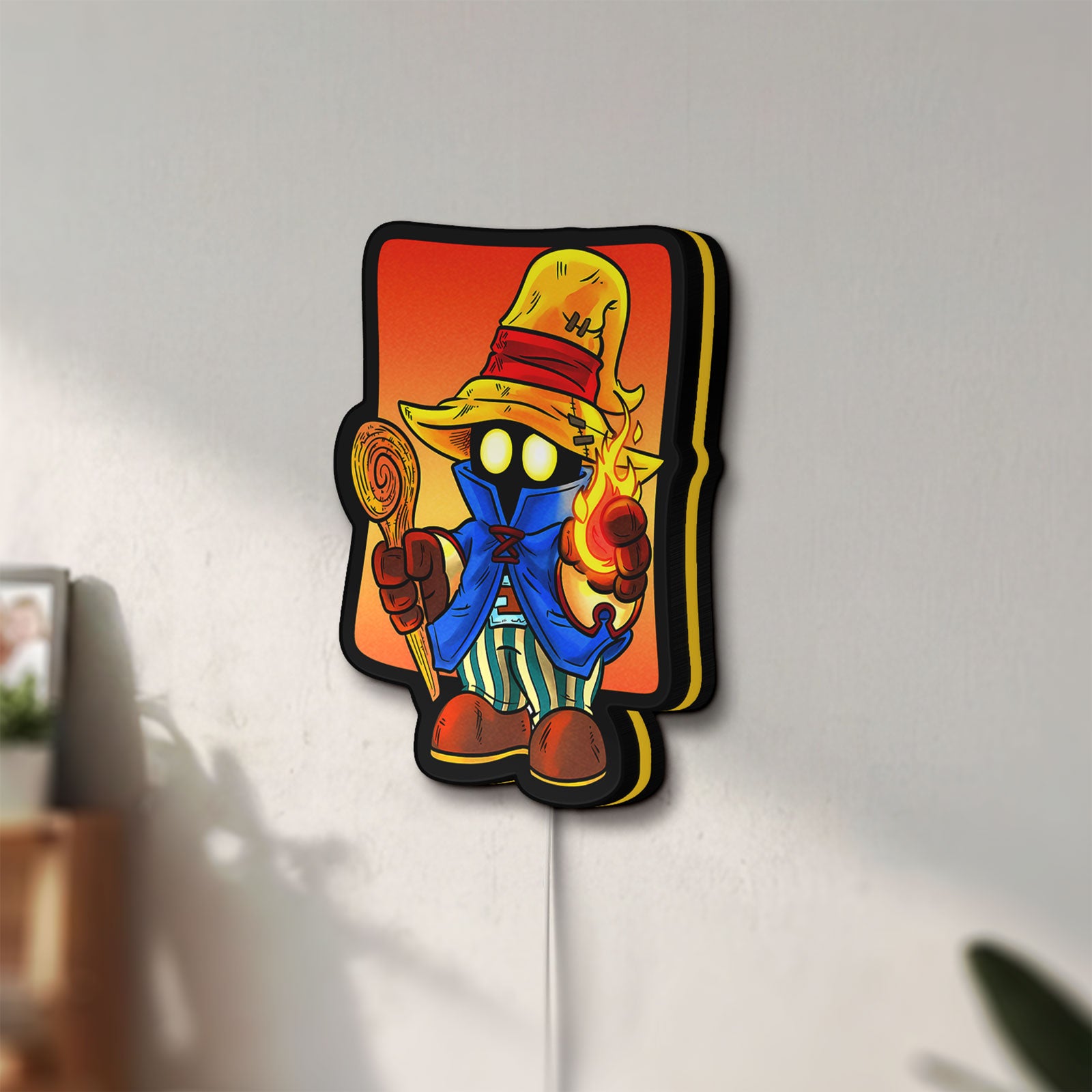 Unlit Final Fantasy Black Mage Retro RPG LED lightbox mounted on a wall in daylight
