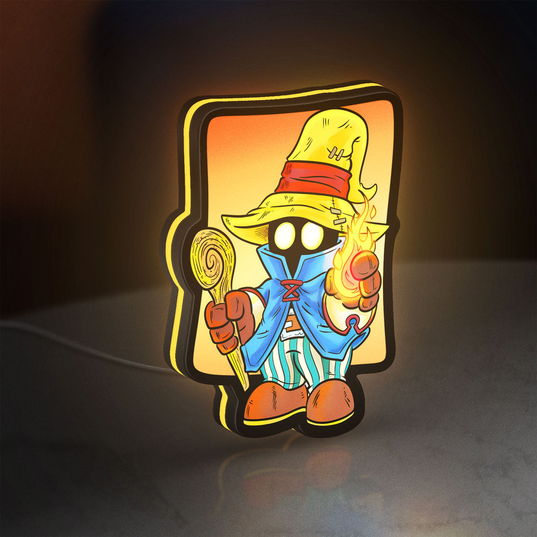 Final Fantasy Black Mage Retro RPG LED lightbox hanging on a wall with yellow glow