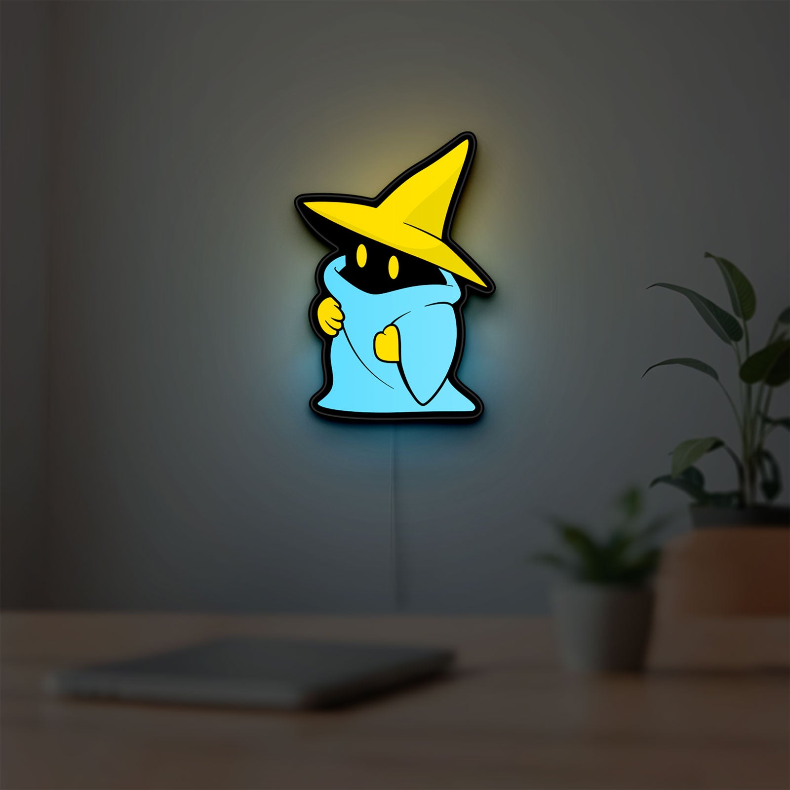 Final Fantasy Black Mage Retro RPG LED lightbox hanging on a room wall with soft yellow light