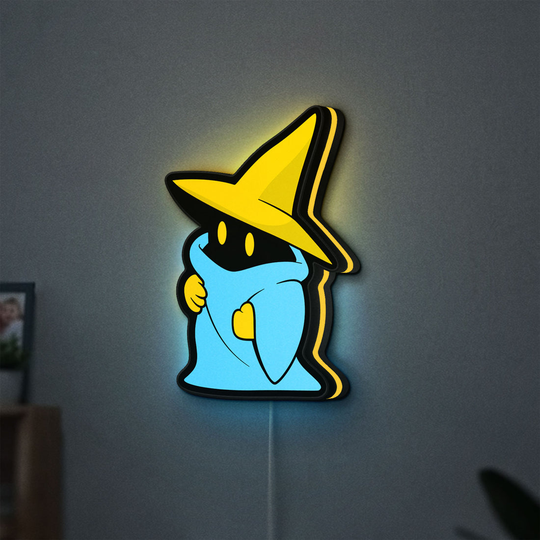 Final Fantasy Black Mage Retro RPG LED lightbox hanging on a wall with yellow glow