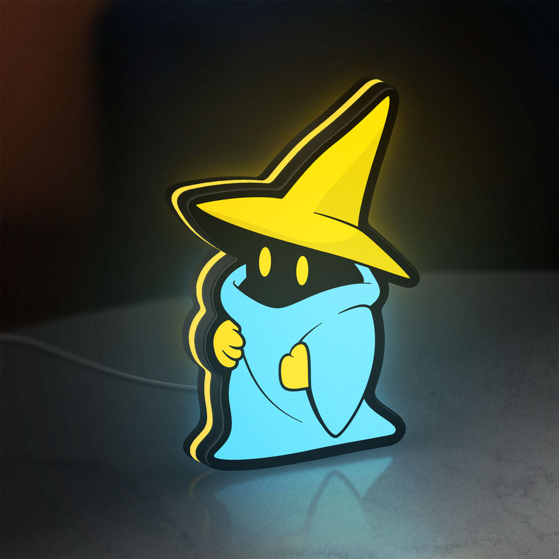 Final Fantasy Black Mage Retro RPG LED lightbox hanging on a wall with yellow glow