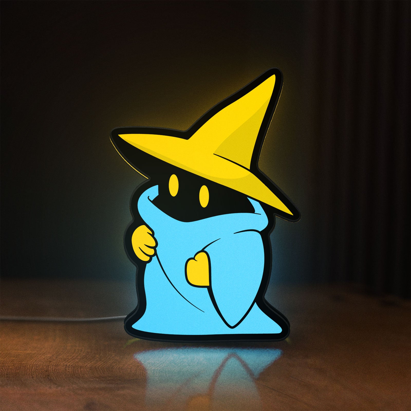Front view of Final Fantasy Black Mage Retro RPG LED lightbox sign glowing on a wooden desk