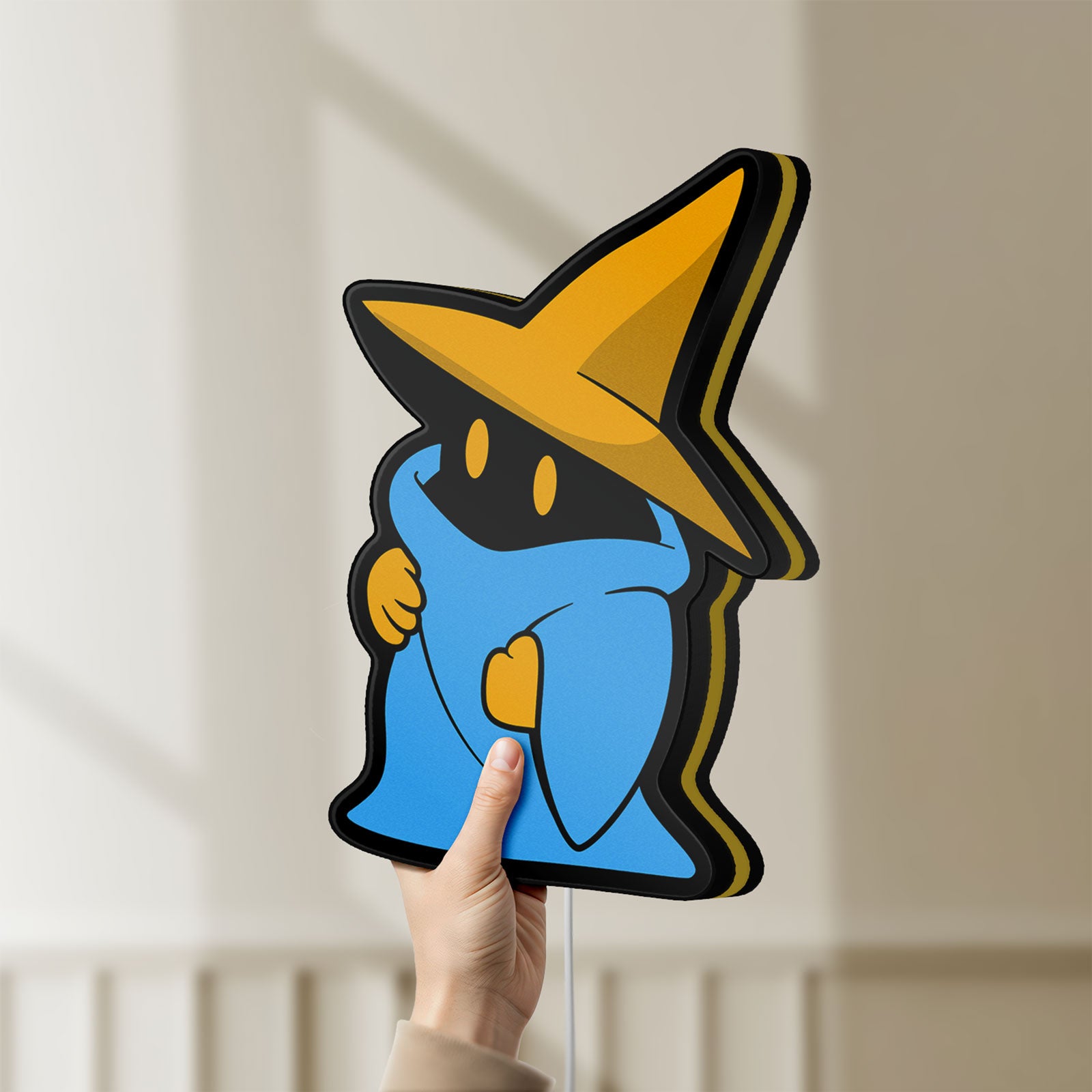 Unlit Final Fantasy Black Mage Retro RPG LED lightbox held by hand to show size and details