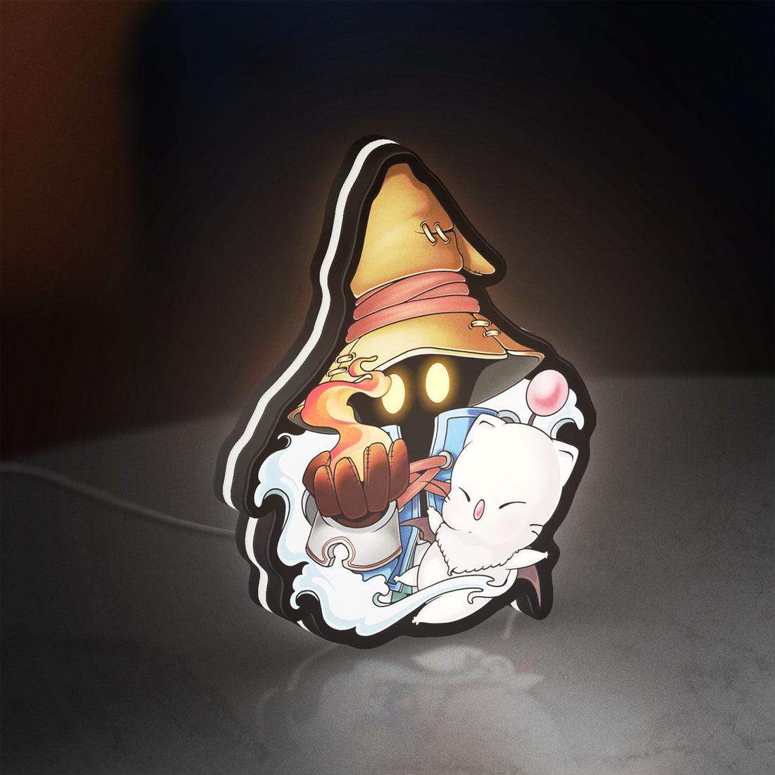 Final Fantasy IX Vivi Ornitier LED lightbox hanging on a wall with white glow