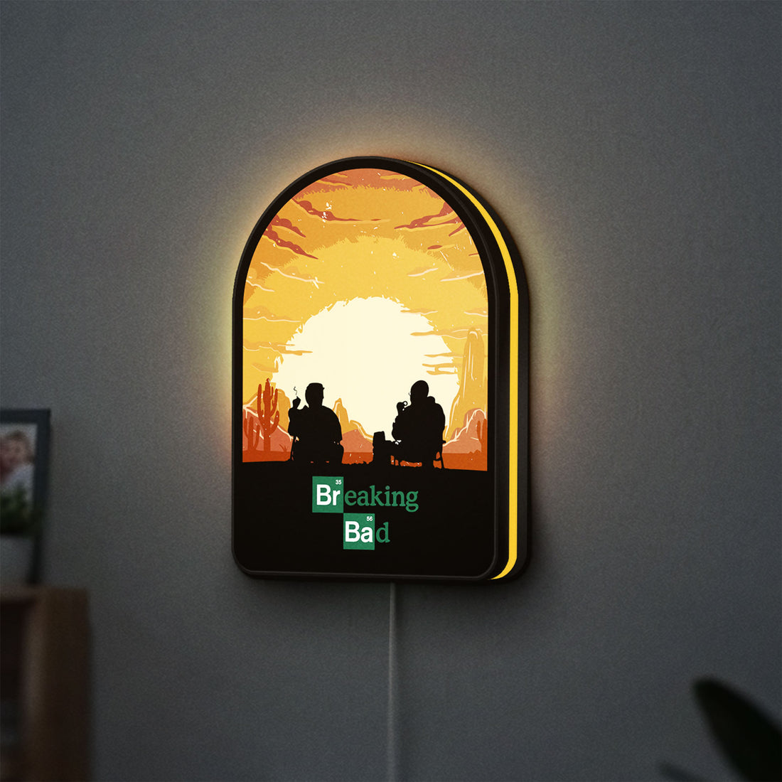 Breaking Bad Heisenberg Walter White LED lightbox hanging on a wall with yellow glow