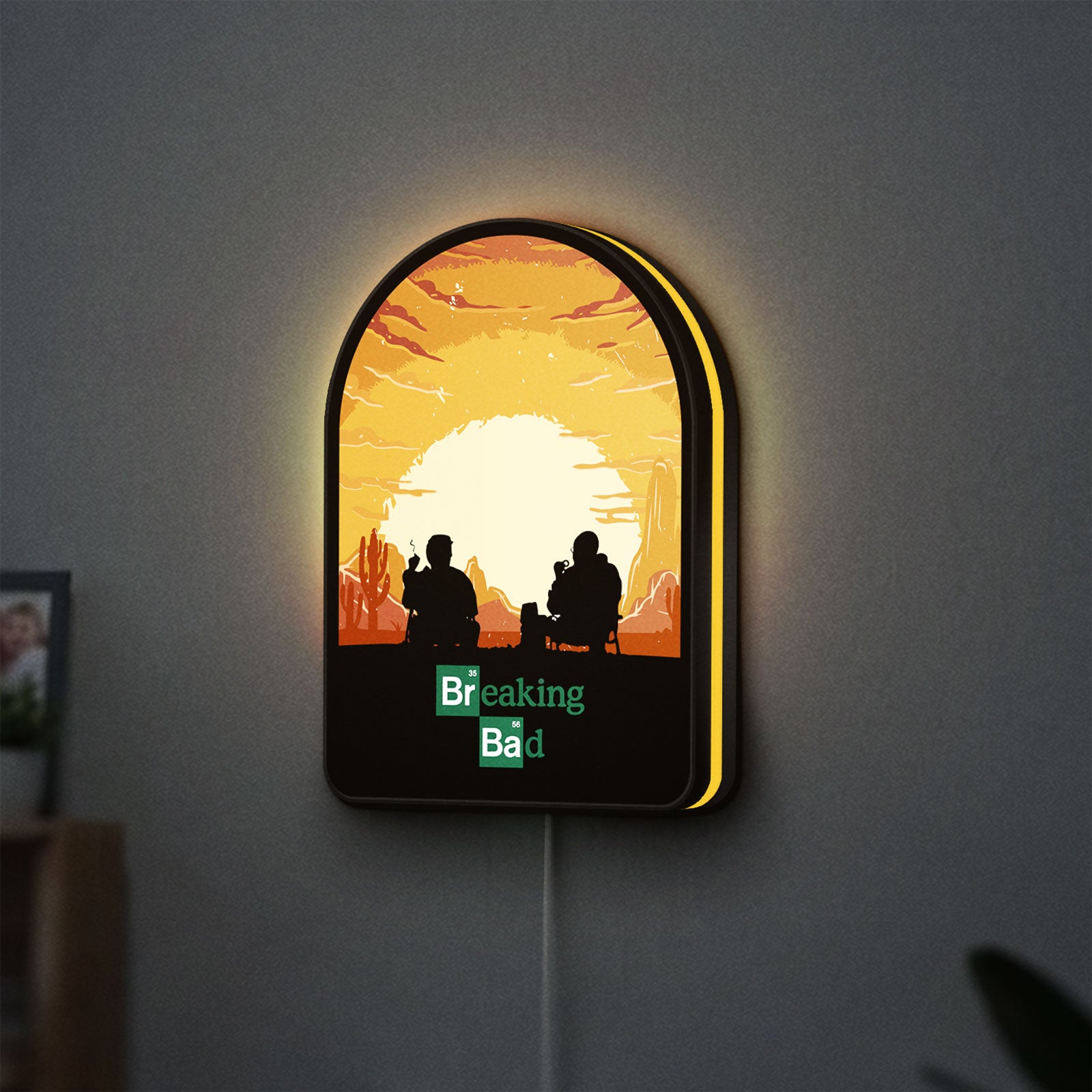 Breaking Bad Heisenberg Walter White LED lightbox hanging on a wall with yellow glow