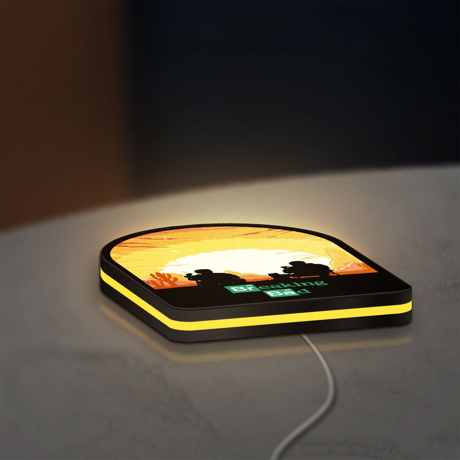 Breaking Bad Heisenberg Walter White LED lightbox lying flat on a desk with yellow glow