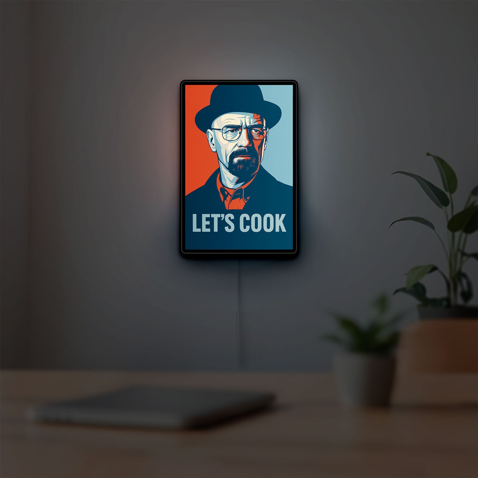 Breaking Bad Heisenberg Walter White LED lightbox hanging on a room wall with soft red light