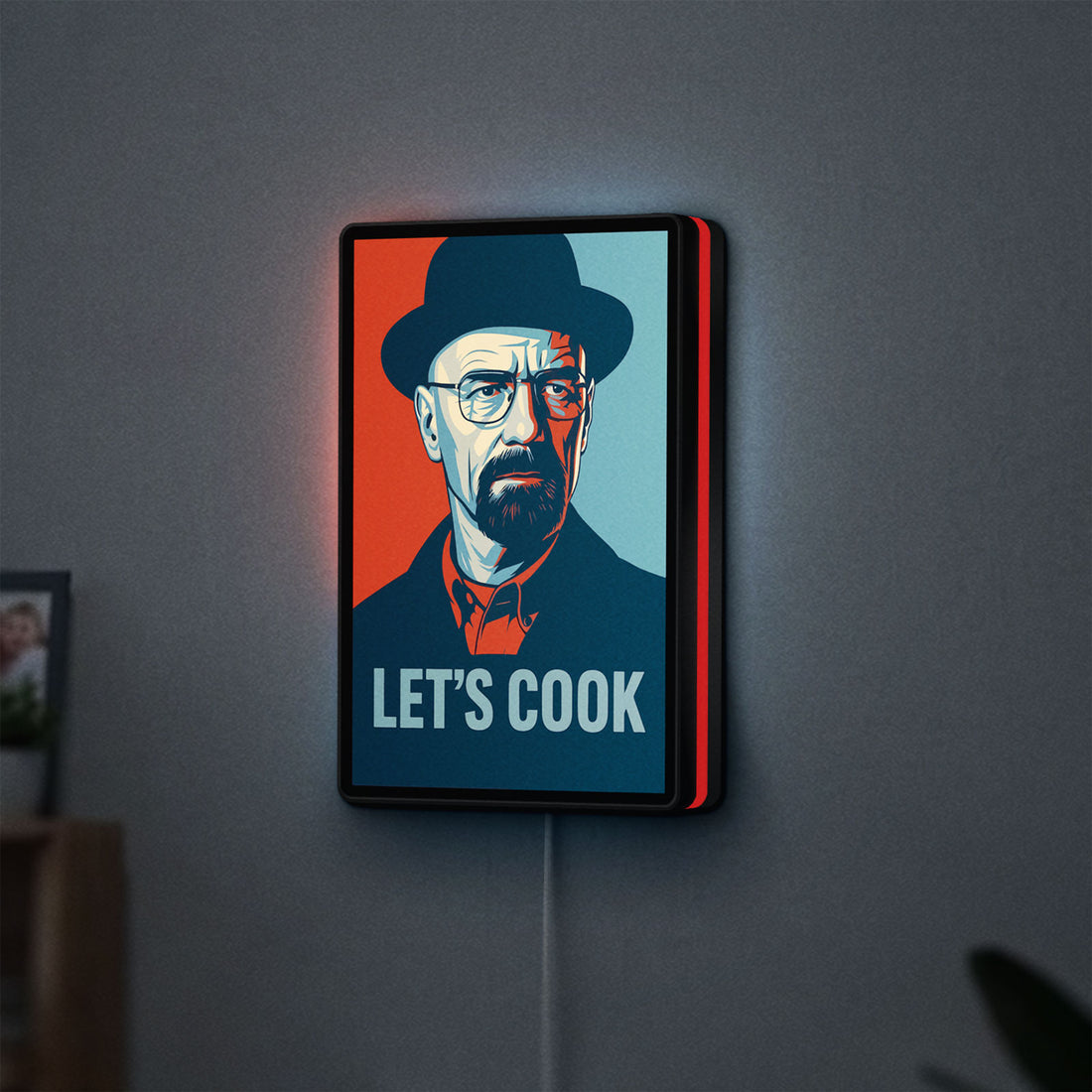 Breaking Bad Heisenberg Walter White LED lightbox hanging on a wall with red glow
