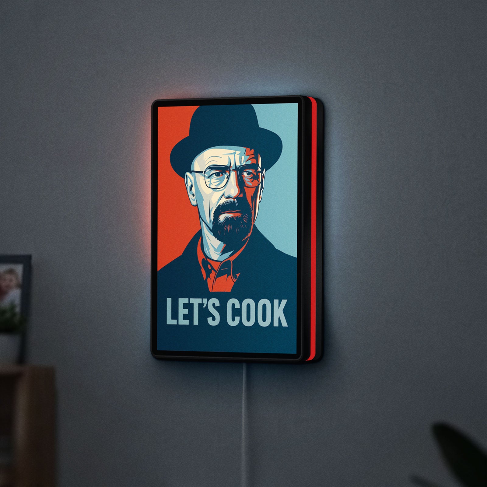 Breaking Bad Heisenberg Walter White LED lightbox hanging on a wall with red glow