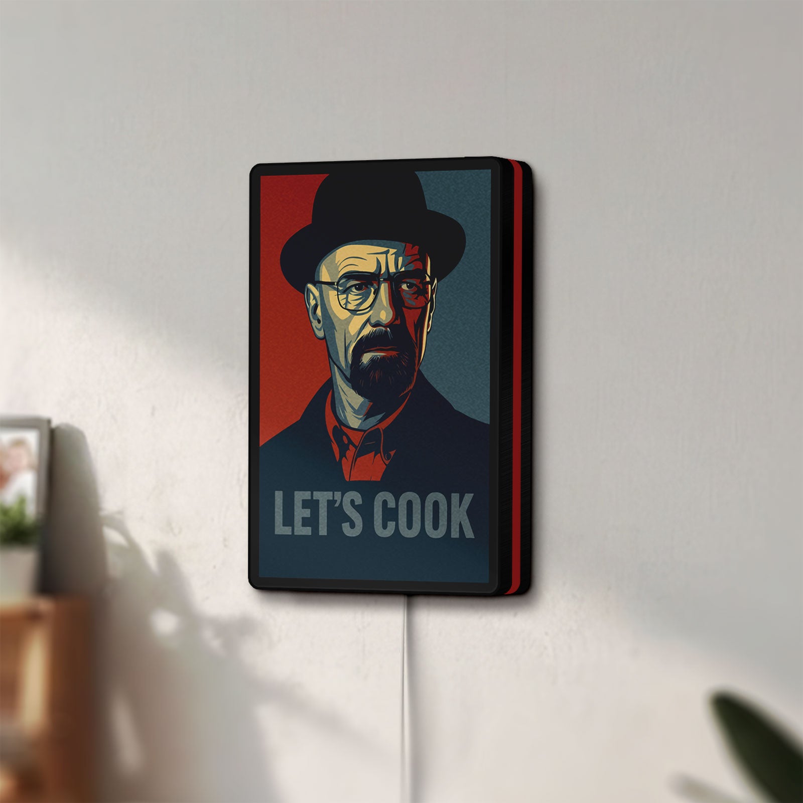 Unlit Breaking Bad Heisenberg Walter White LED lightbox mounted on a wall in daylight