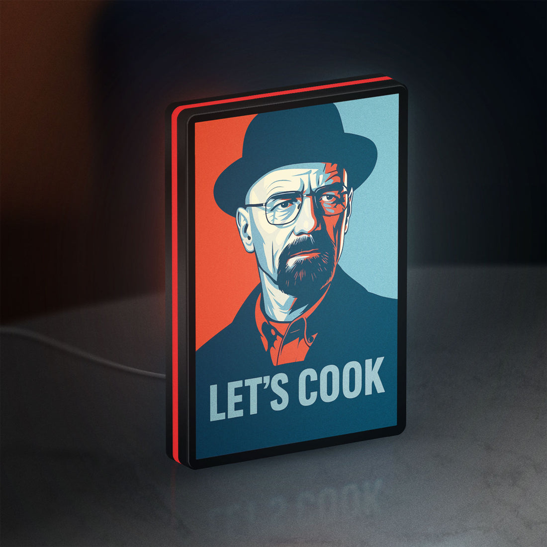 Breaking Bad Heisenberg Walter White LED lightbox hanging on a wall with red glow