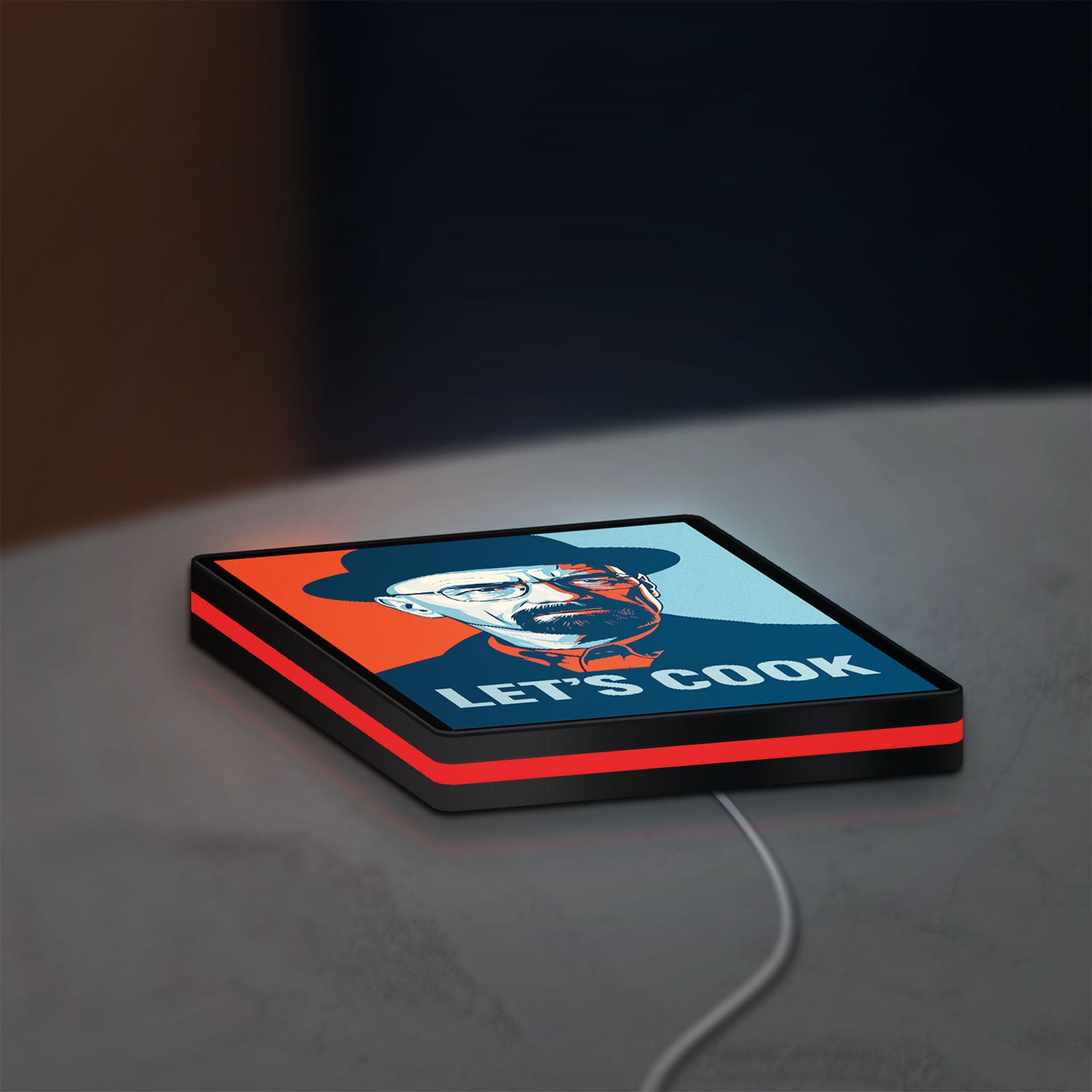 Breaking Bad Heisenberg Walter White LED lightbox lying flat on a desk with red glow