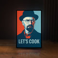 Front view of Breaking Bad Heisenberg Walter White LED lightbox sign glowing on a wooden desk
