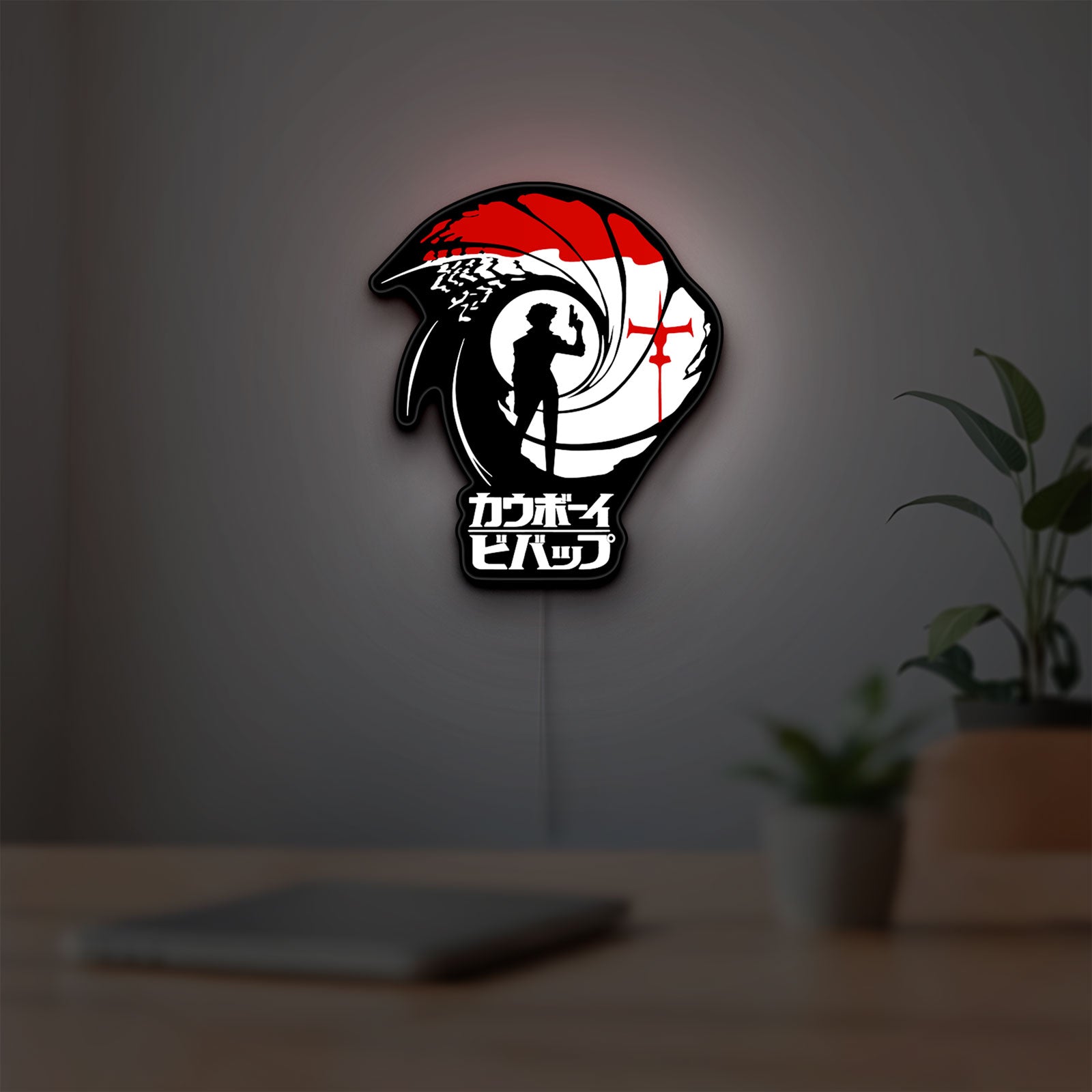 Cowboy Bebop Spike Spiegel Anime LED lightbox hanging on a room wall with soft white light