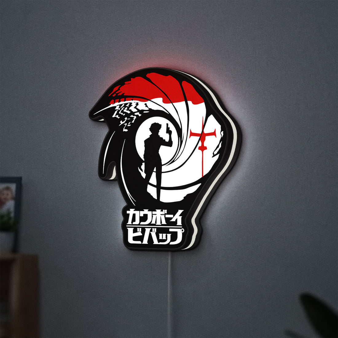 Cowboy Bebop Spike Spiegel Anime LED lightbox hanging on a wall with white glow