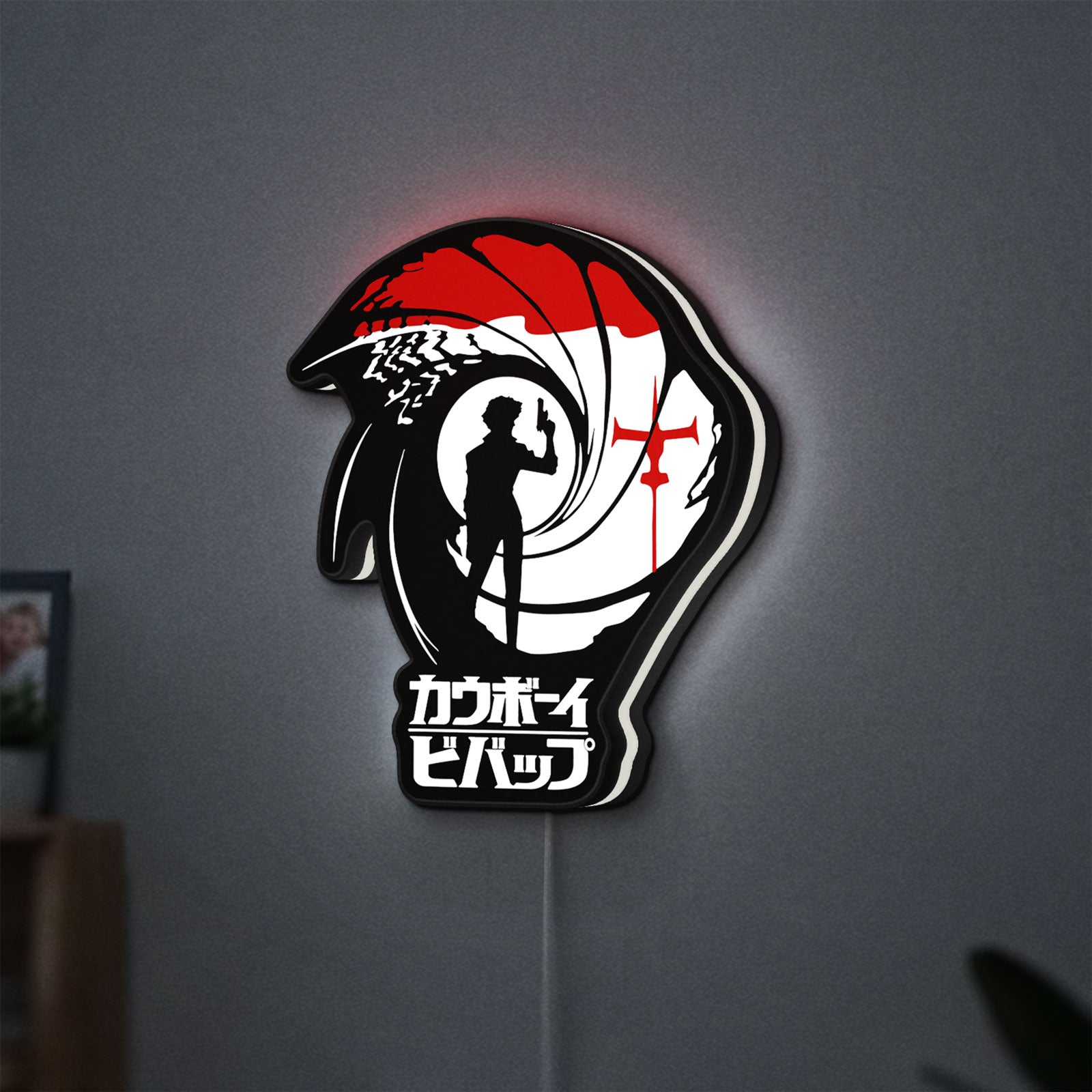 Cowboy Bebop Spike Spiegel Anime LED lightbox hanging on a wall with white glow