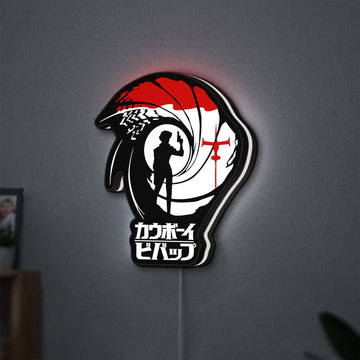 Cowboy Bebop Spike Spiegel Anime LED lightbox hanging on a wall with white glow