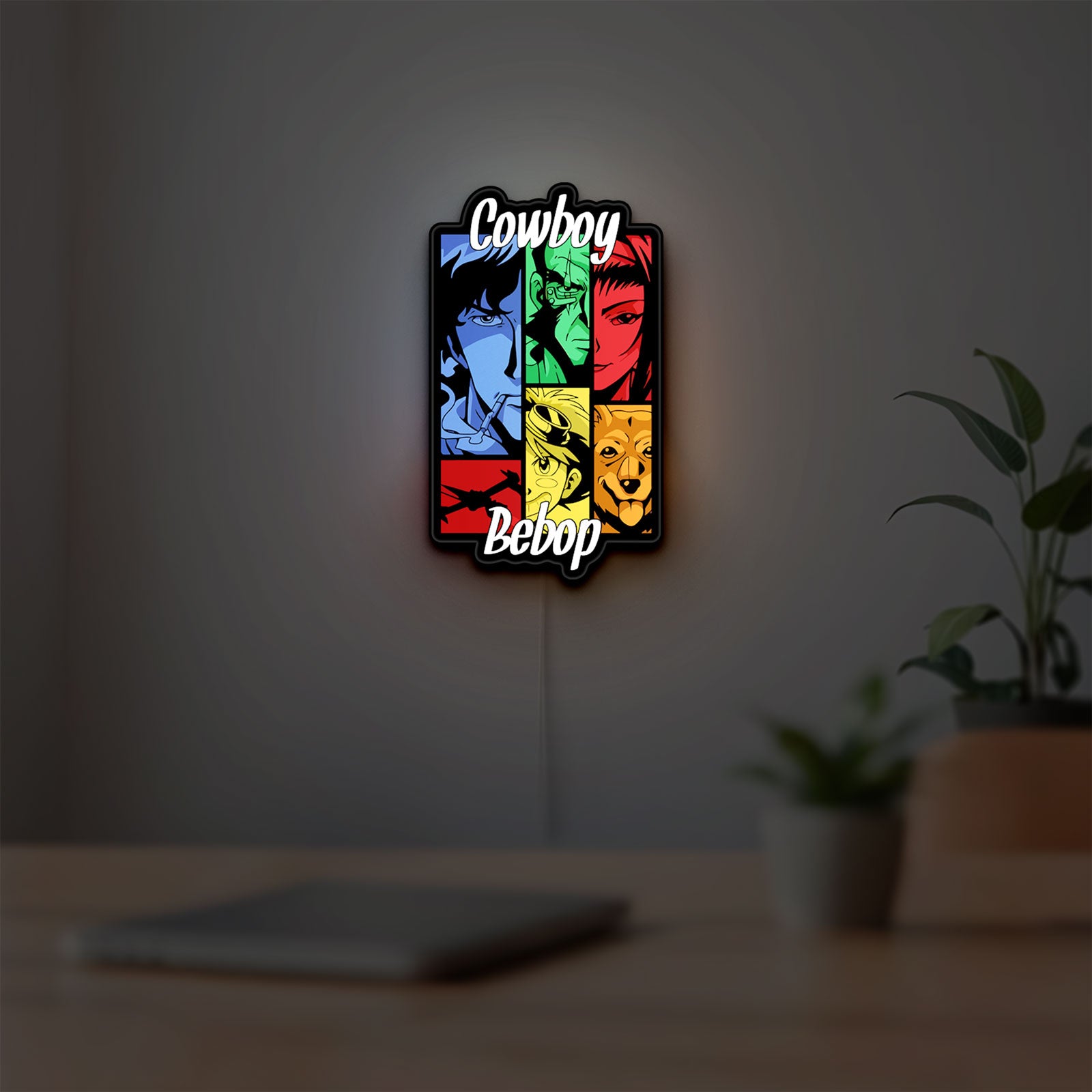 Cowboy Bebop Spike Spiegel Anime LED lightbox hanging on a room wall with soft white light