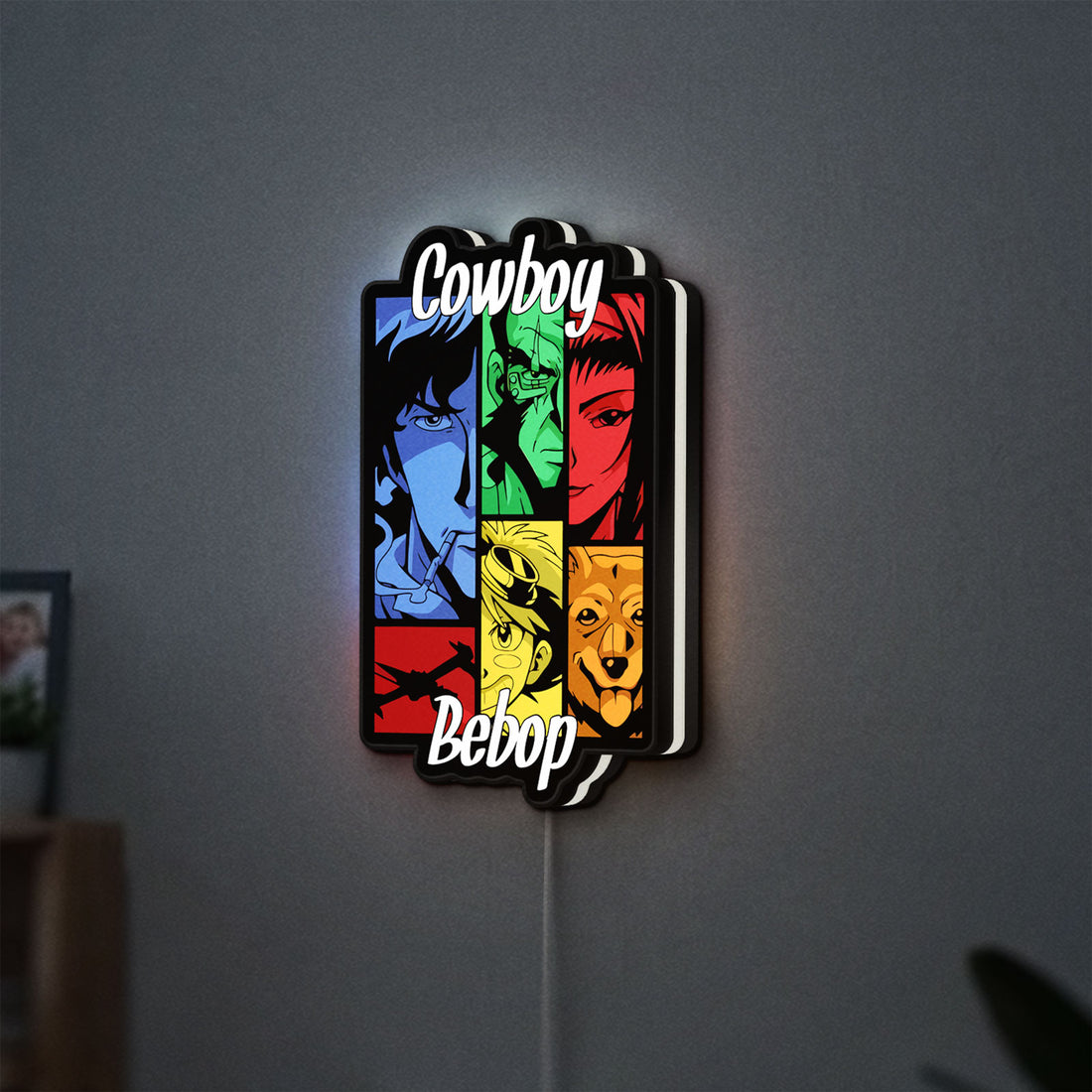 Cowboy Bebop Spike Spiegel Anime LED lightbox hanging on a wall with white glow