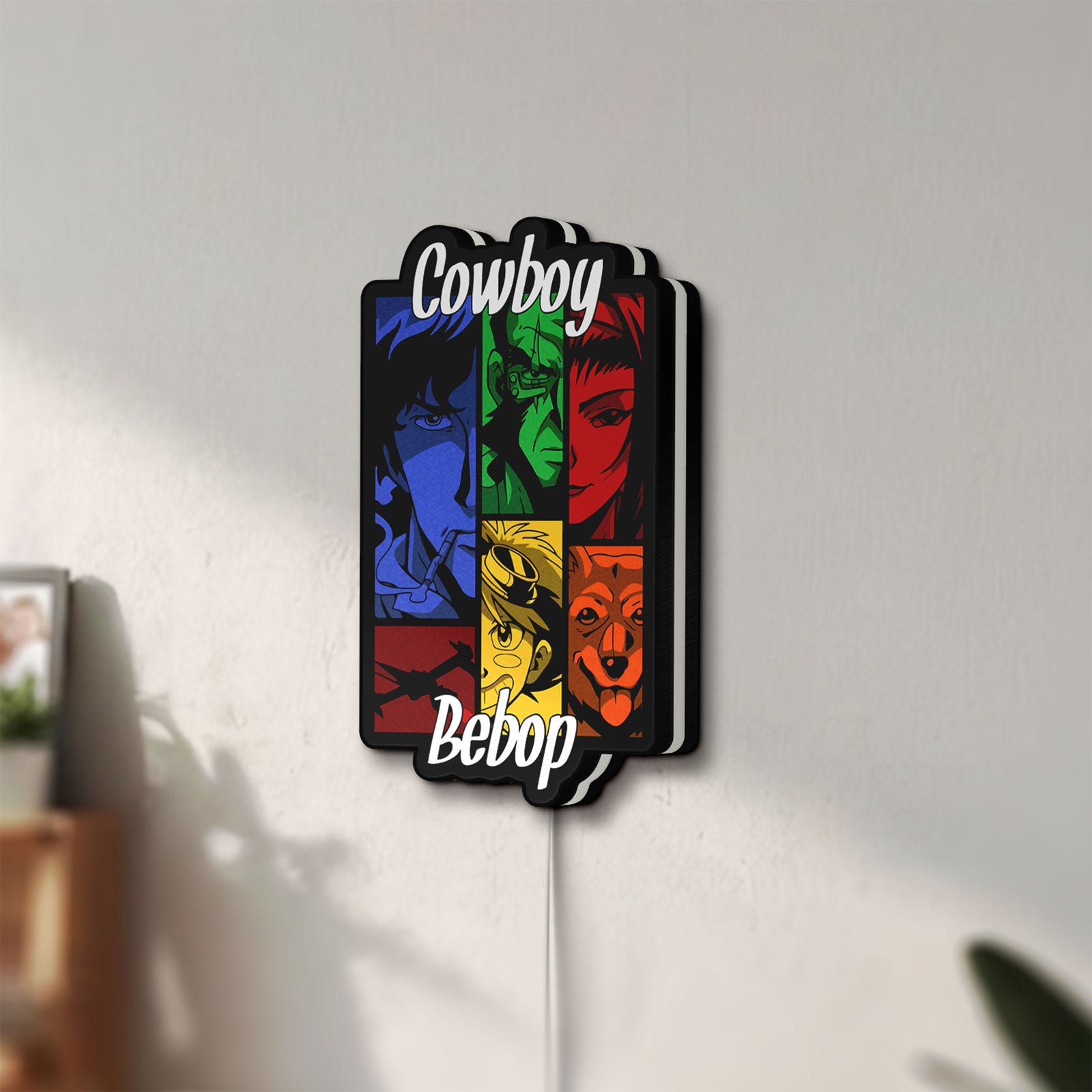 Unlit Cowboy Bebop Spike Spiegel Anime LED lightbox mounted on a wall in daylight