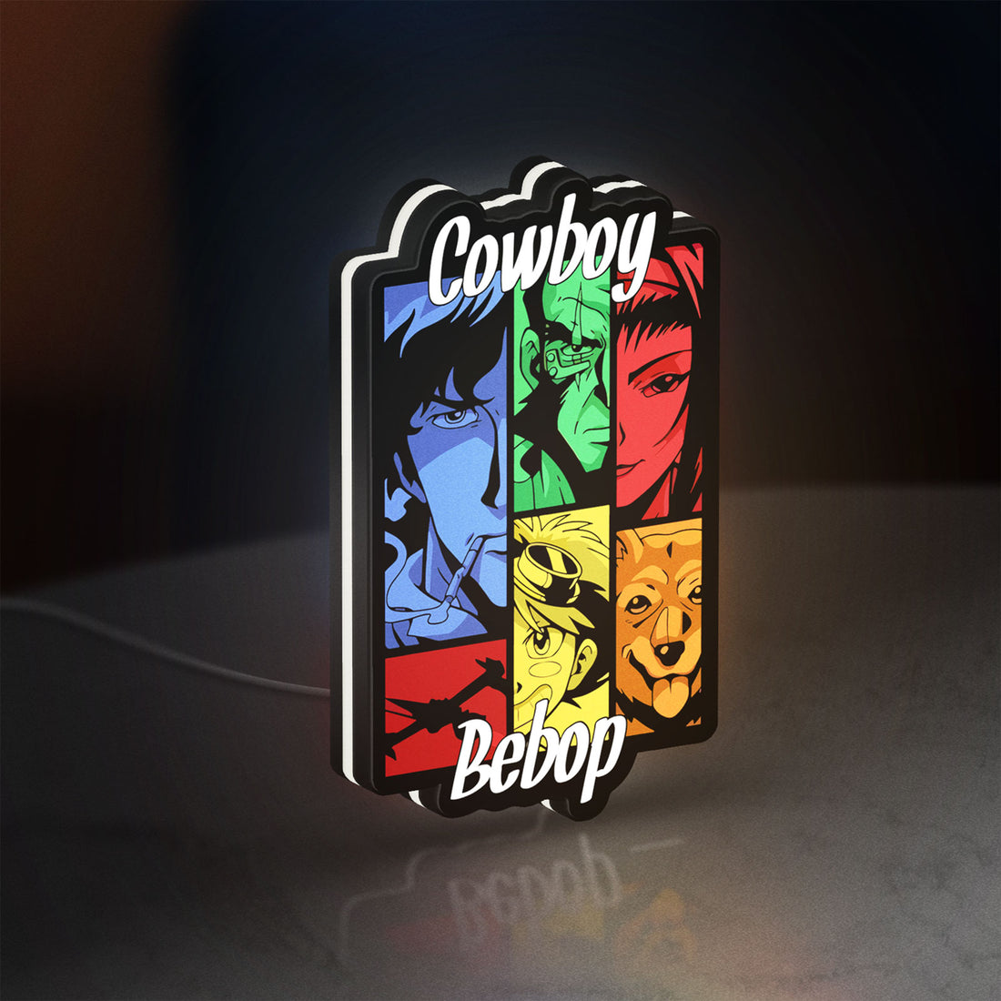 Cowboy Bebop Spike Spiegel Anime LED lightbox hanging on a wall with white glow