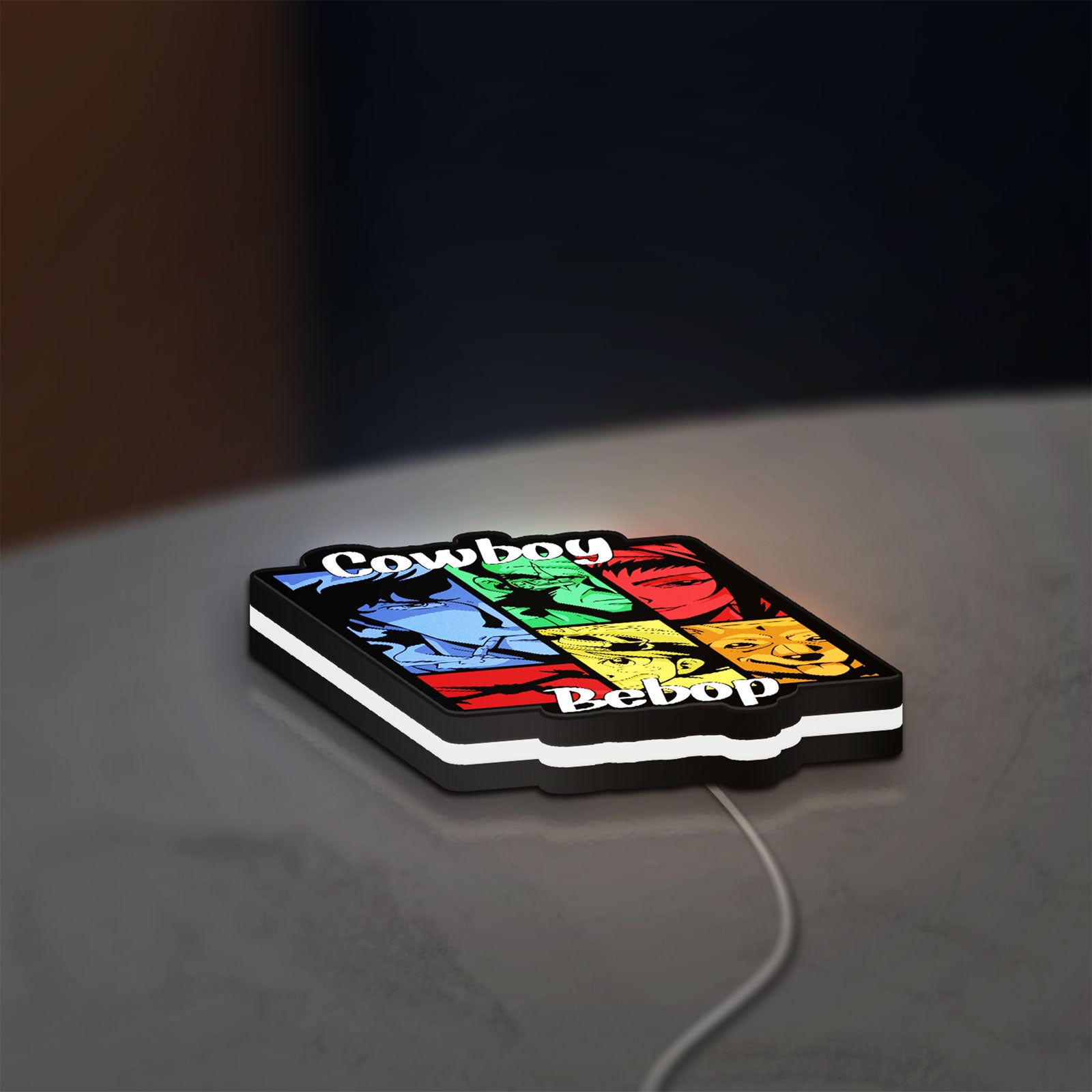 Cowboy Bebop Spike Spiegel Anime LED lightbox lying flat on a desk with white glow