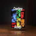 Front view of Cowboy Bebop Spike Spiegel Anime LED lightbox sign glowing on a wooden desk