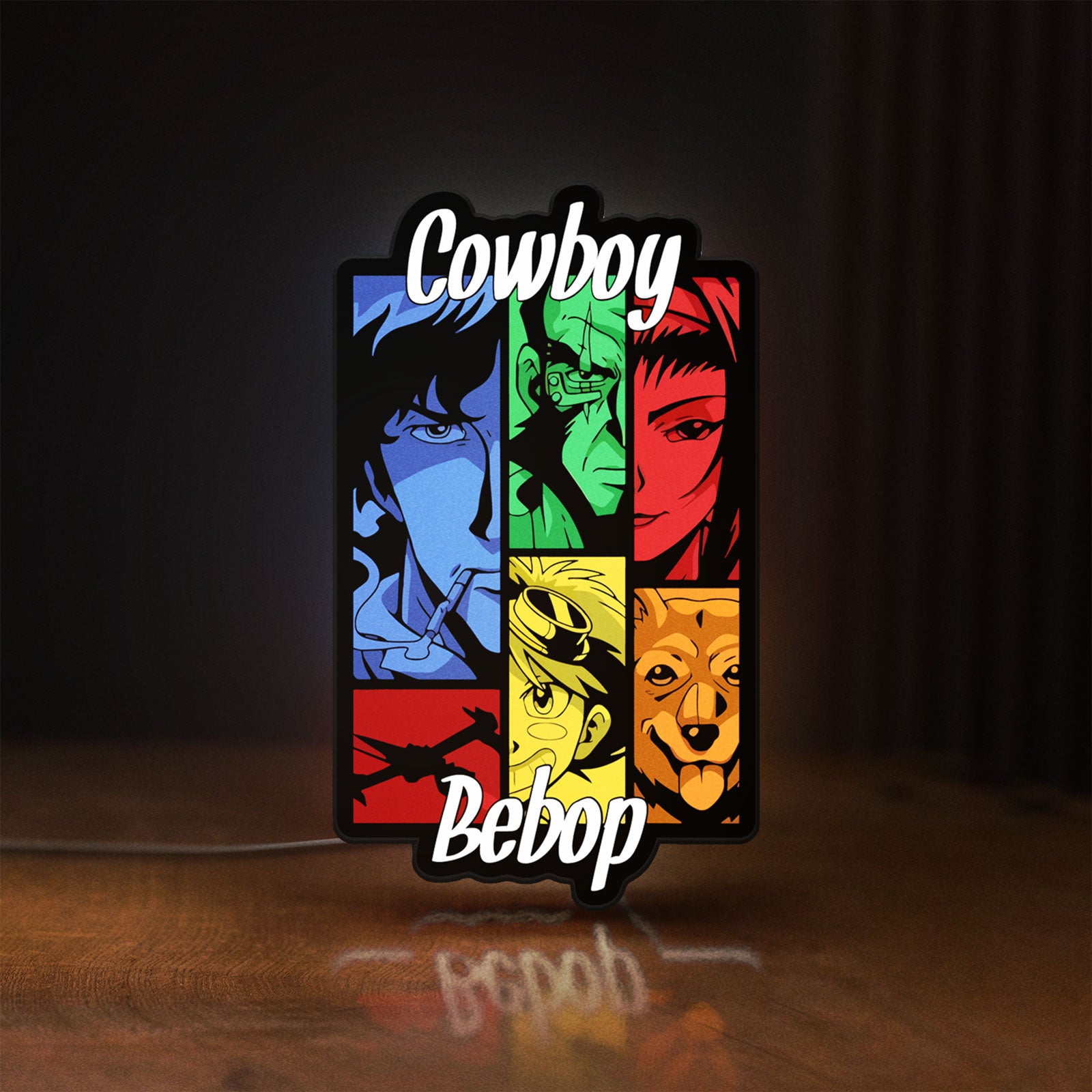 Front view of Cowboy Bebop Spike Spiegel Anime LED lightbox sign glowing on a wooden desk