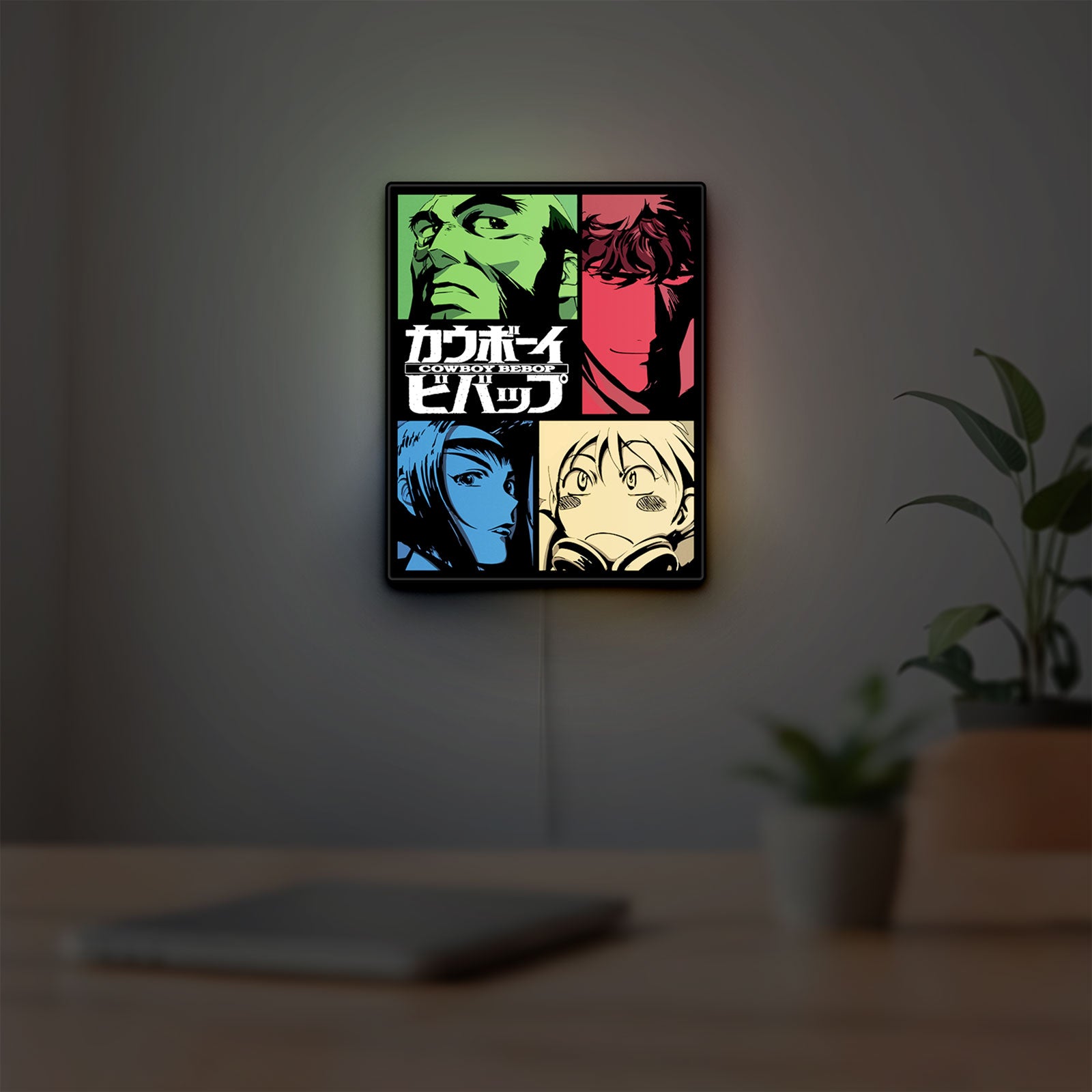 Cowboy Bebop Spike Spiegel Anime LED lightbox hanging on a room wall with soft white light