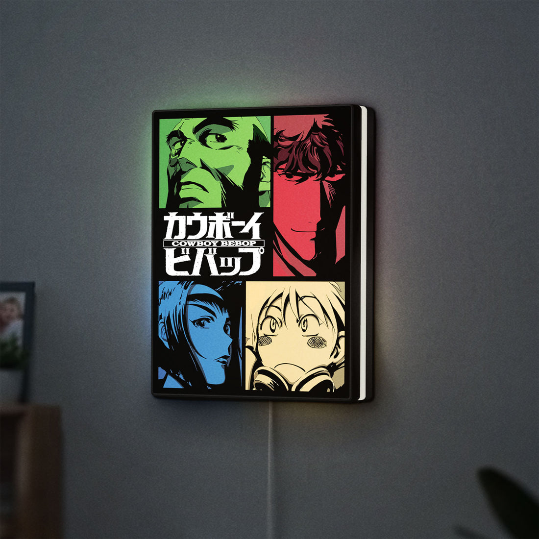 Cowboy Bebop Spike Spiegel Anime LED lightbox hanging on a wall with white glow