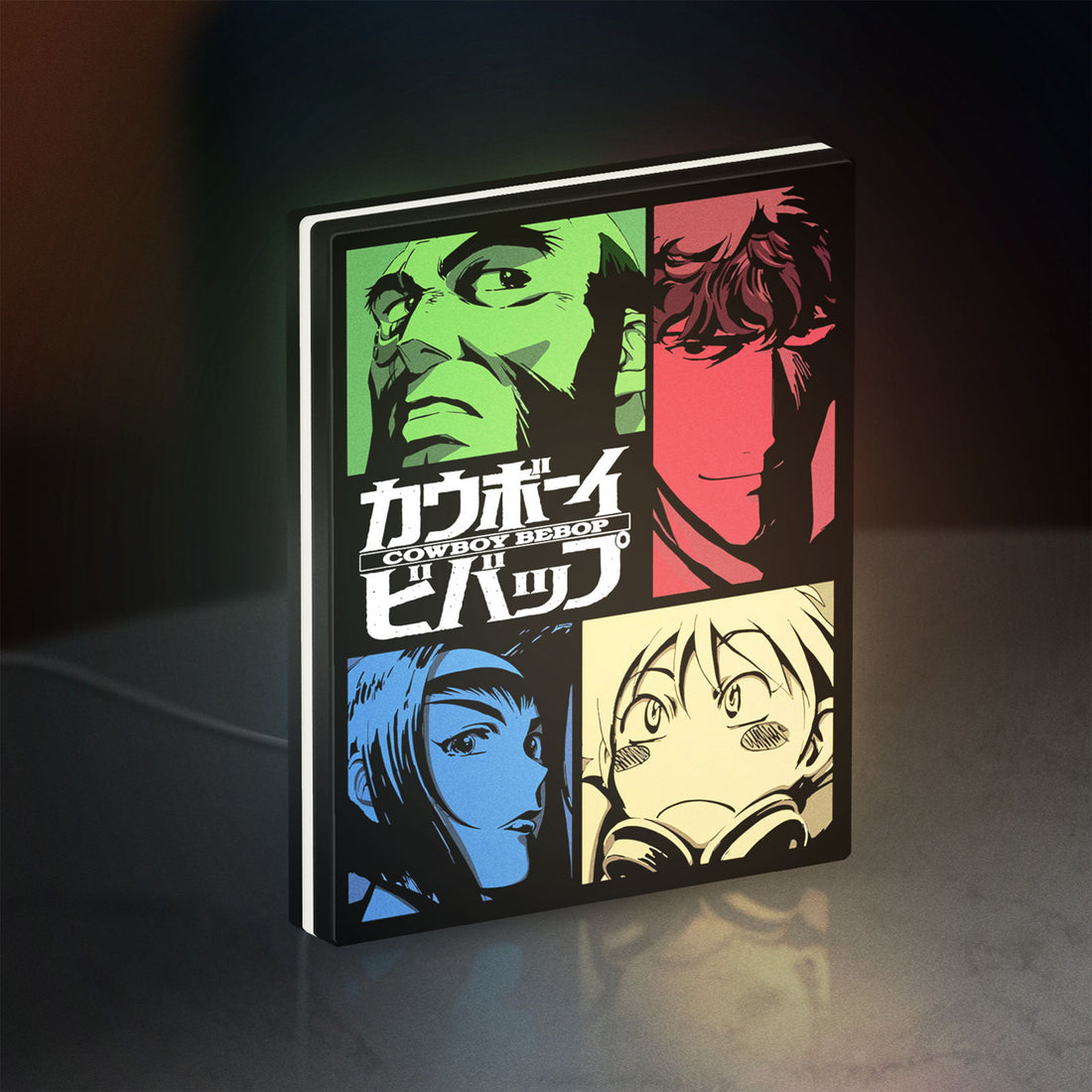 Cowboy Bebop Spike Spiegel Anime LED lightbox hanging on a wall with white glow