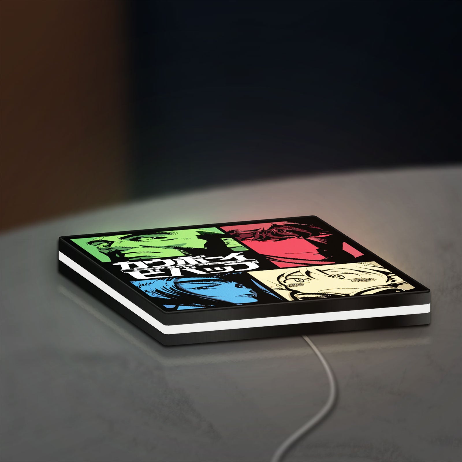 Cowboy Bebop Spike Spiegel Anime LED lightbox lying flat on a desk with white glow