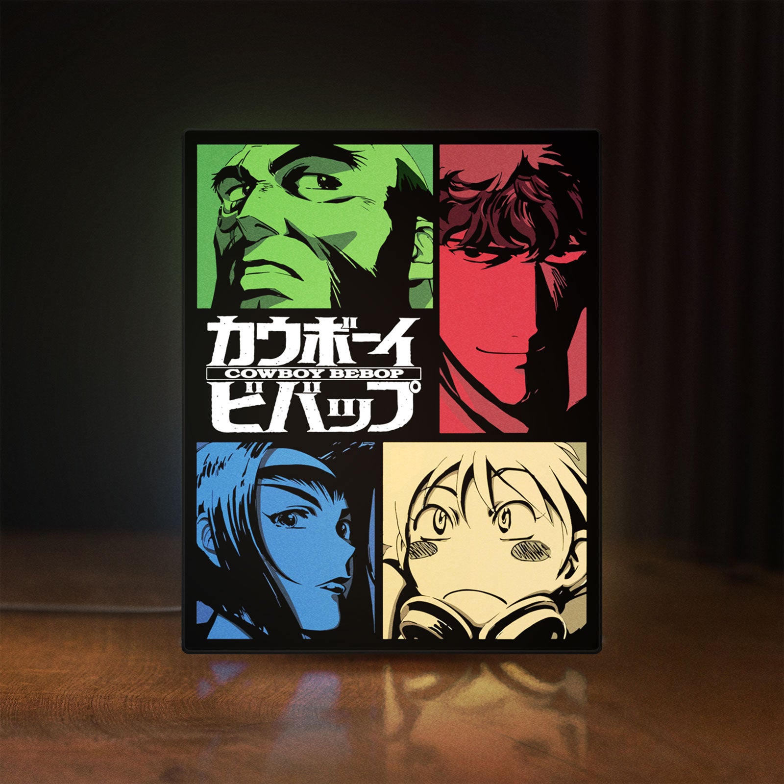 Front view of Cowboy Bebop Spike Spiegel Anime LED lightbox sign glowing on a wooden desk