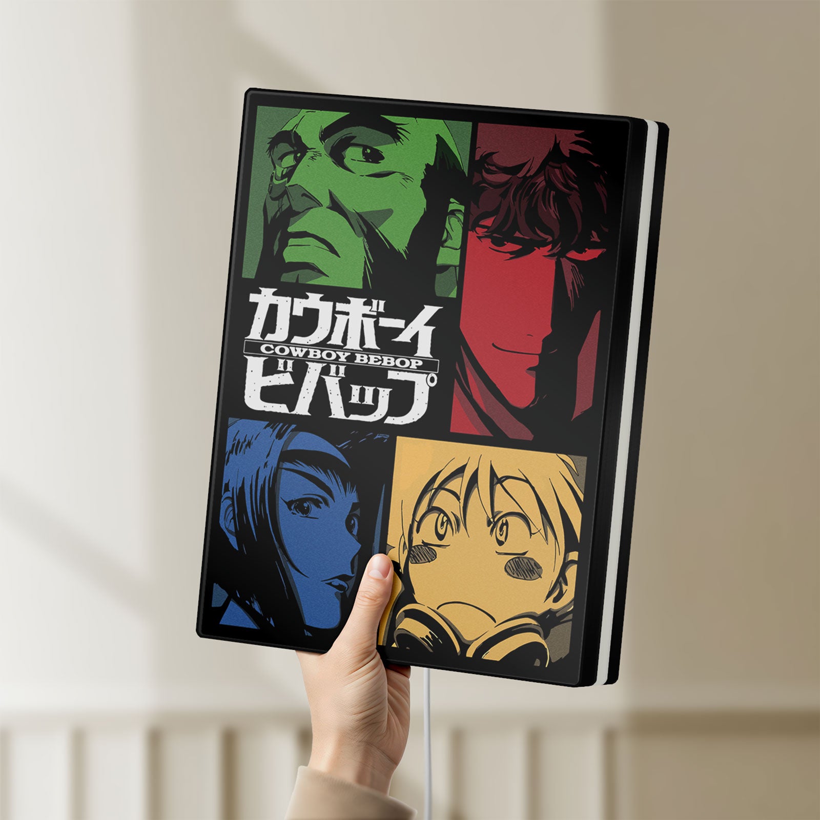 Unlit Cowboy Bebop Spike Spiegel Anime LED lightbox held by hand to show size and details