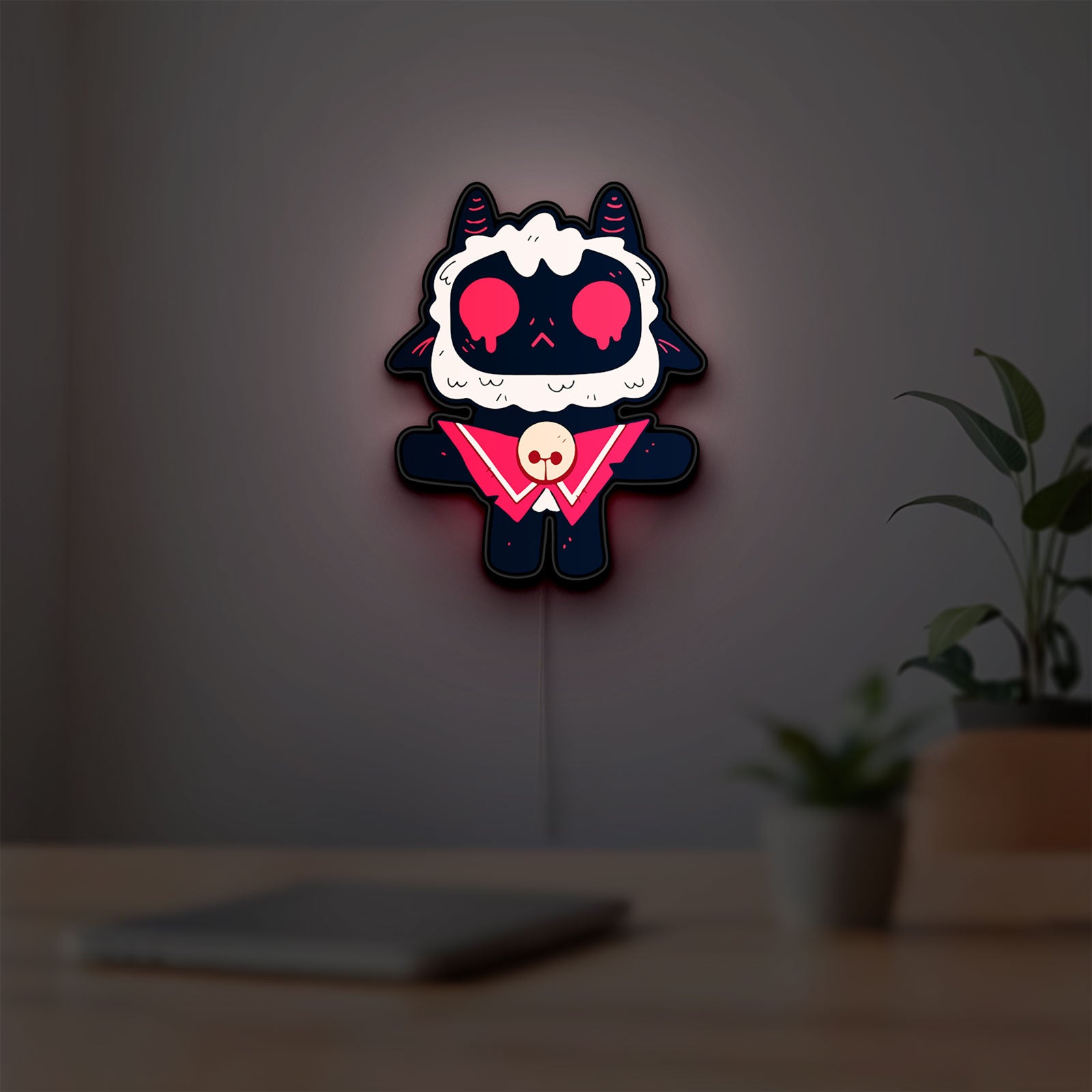 Cult of the Lamb Indie Game LED lightbox hanging on a room wall with soft white light