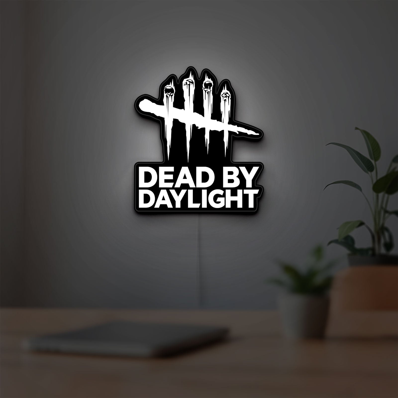 Dead by Daylight DbD Horror LED lightbox hanging on a room wall with soft white light