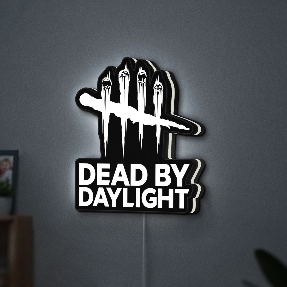 Dead by Daylight DbD Horror LED lightbox hanging on a wall with white glow